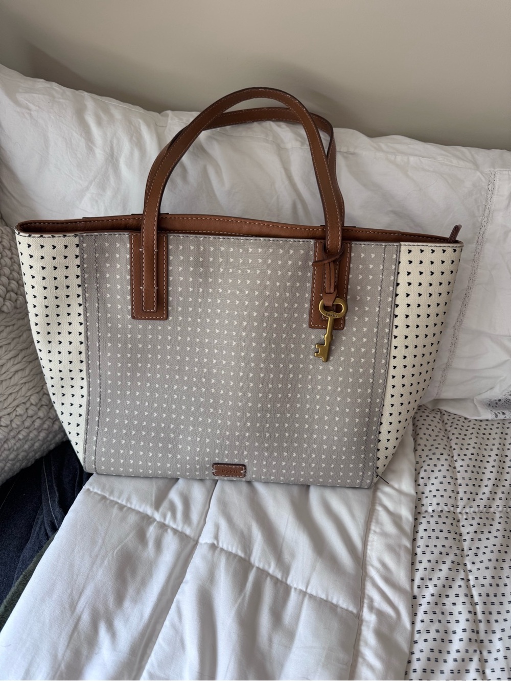 Fossil Rachel Tote Bag Coated Canvas Tan Leather Trim Heart Print Key Charm